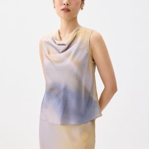 Abstract Satin Cowl Neck Shell Top