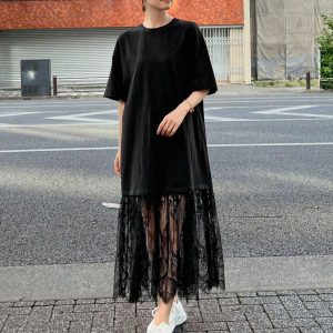 Contrast Lace Hem Drop Shoulder Tee Dress Onesize